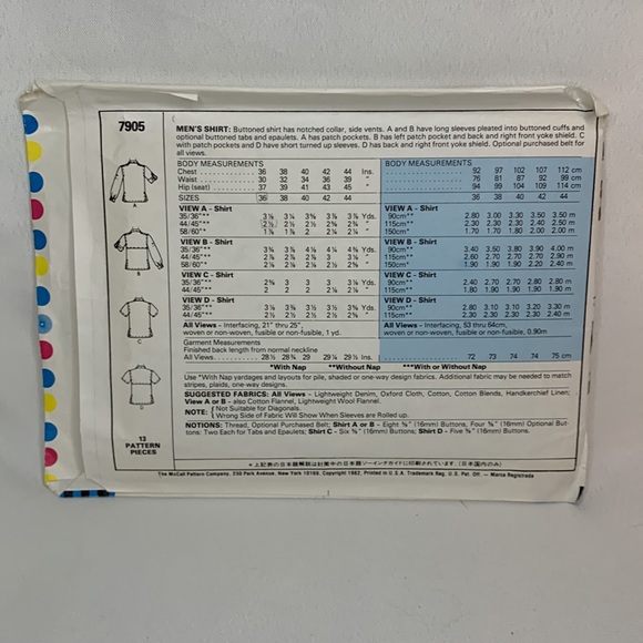 Vintage 1980’s McCall’s uncut #7905 mens sz 36 button up side vent shirt pattern - Picture 2 of 4